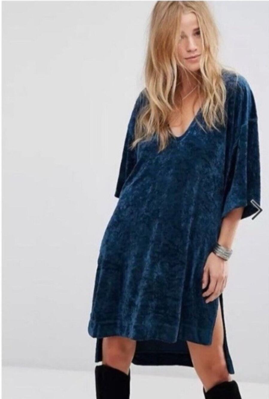 Free People We The Free Luxe Extended Tee Tunic Dress Crushed Velvet Blue Size L